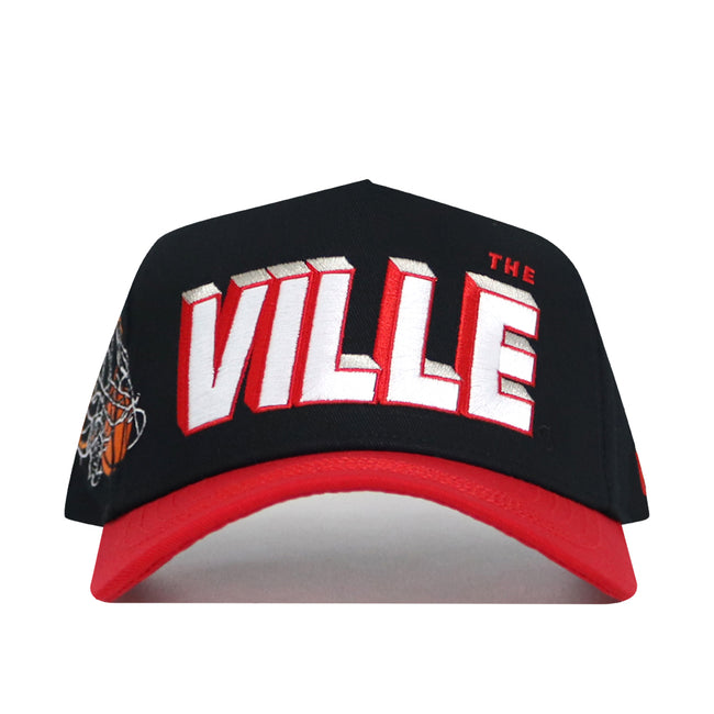 The Louisville Courtside Hat is a black and red structured fit snapback with "THE VILLE" in bold white and red letters on the front, a basketball graphic on the side, and made from high quality cotton for comfort and style.