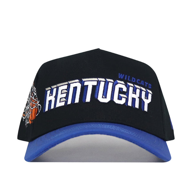The Kentucky Courtside Hat is a black and blue snapback featuring "KENTUCKY WILDCATS" in white and blue, a side basketball graphic, structured fit, and high quality cotton construction.