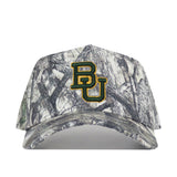 The Baylor Outland Hat by No Rivals is a camouflage baseball cap crafted from high quality cotton, featuring a green and yellow BU embroidered logo on the front, displayed from a front-facing view. Its snap back closure provides a comfortable, adjustable fit.
