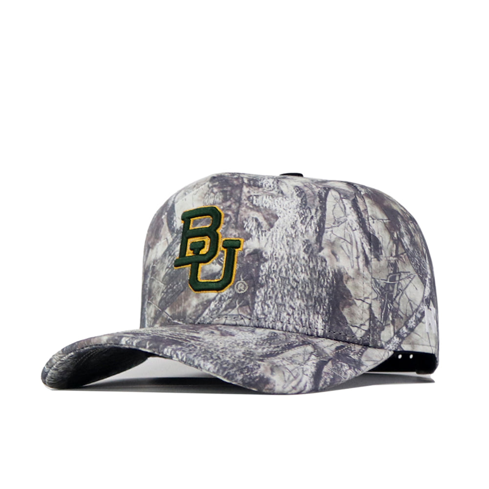 The Baylor Outland Hat by No Rivals is a gray camouflage snapback baseball cap featuring an officially licensed, embroidered yellow and green BU logo on the front, shown against a white background.