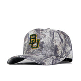 The Baylor Outland Hat by No Rivals is a gray camouflage snapback baseball cap featuring an officially licensed, embroidered yellow and green BU logo on the front, shown against a white background.