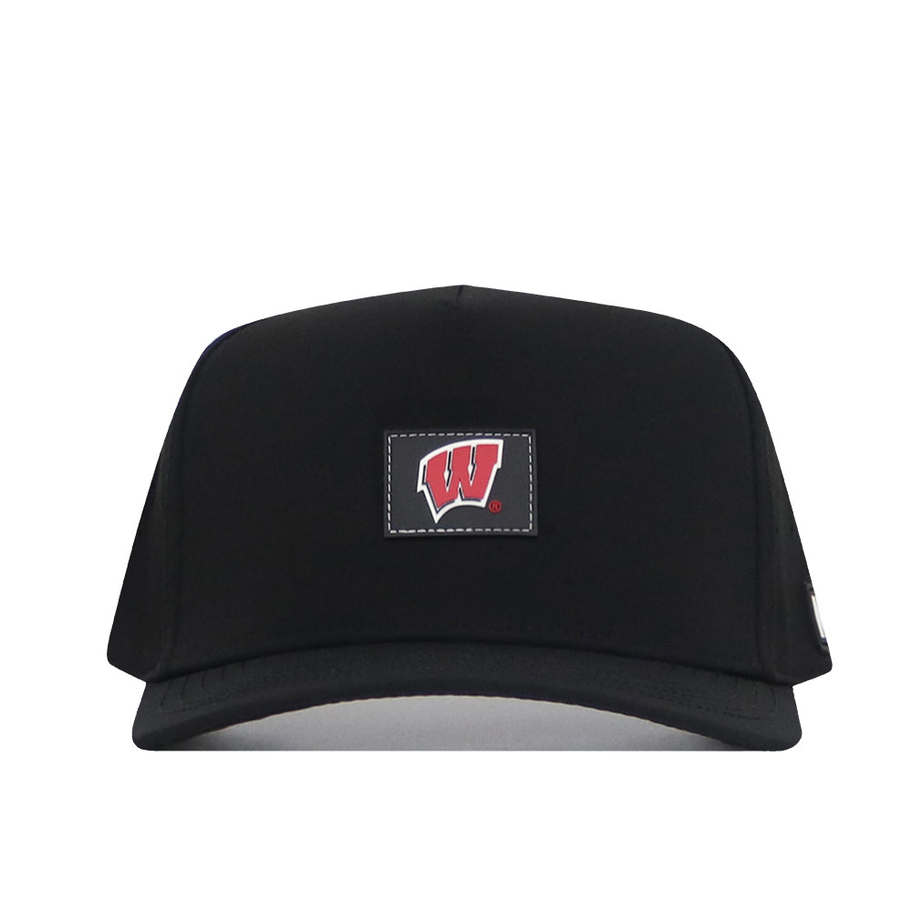 The Wisconsin Badgers Trainer Hat by No Rivals is a black baseball cap with a structured fit, featuring a rectangular front patch that displays a red W logo outlined in white, and is crafted from comfortable cotton material.