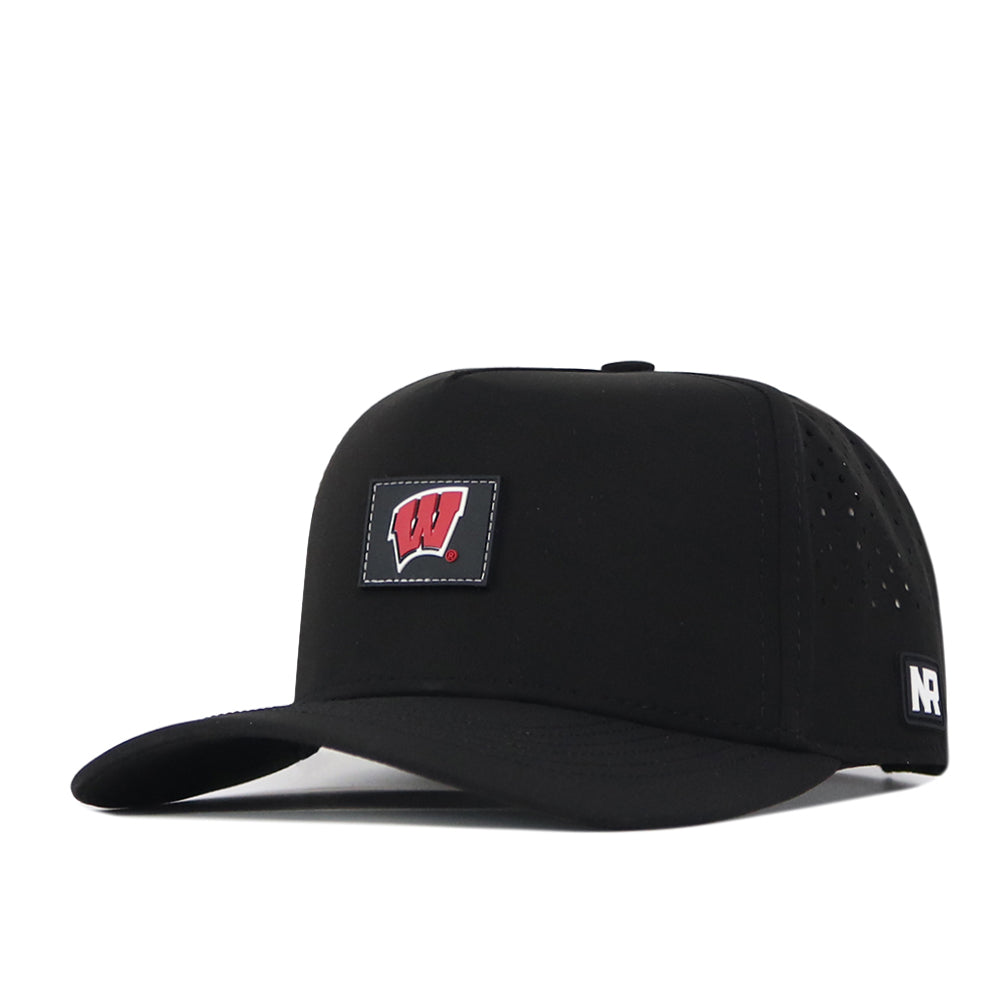 Introducing the Wisconsin Badgers Trainer Hat by No Rivals—a structured black snapback featuring a bold red W logo on the front, black mesh side panels for breathability, and a subtle NR tag on the brim. Made from high-quality cotton, this hat combines comfort and durability with team spirit.