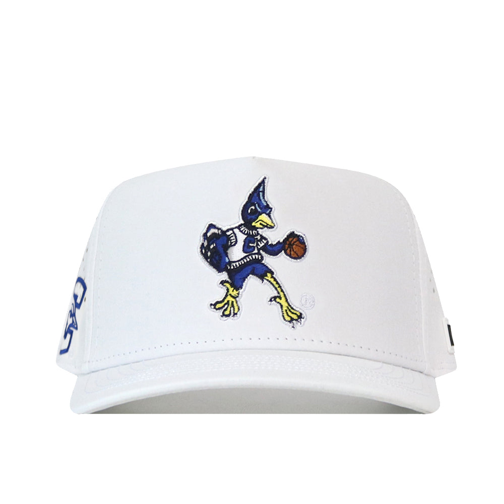 The Creighton Bluejays Basketball Hat - White by No Rivals is a white snapback cap featuring an embroidered blue and yellow cartoon Bluejay dribbling a basketball and wearing a jersey with the number 24, centered on the front panel.