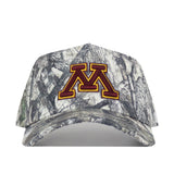 The No Rivals Minnesota Gopher Outland Hat is a camouflage baseball cap adorned with a prominent, officially licensed maroon and gold embroidered letter “M” on the front, shown against a plain white background.