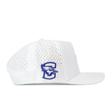 The No Rivals Creighton Bluejays Basketball Hat in white features ventilation holes and a blue stylized bird logo with the letter “C” on the side. Designed with a flat brim and structured profile, this officially licensed snapback is crafted from performance fabric for enhanced comfort, delivering both style and functionality.