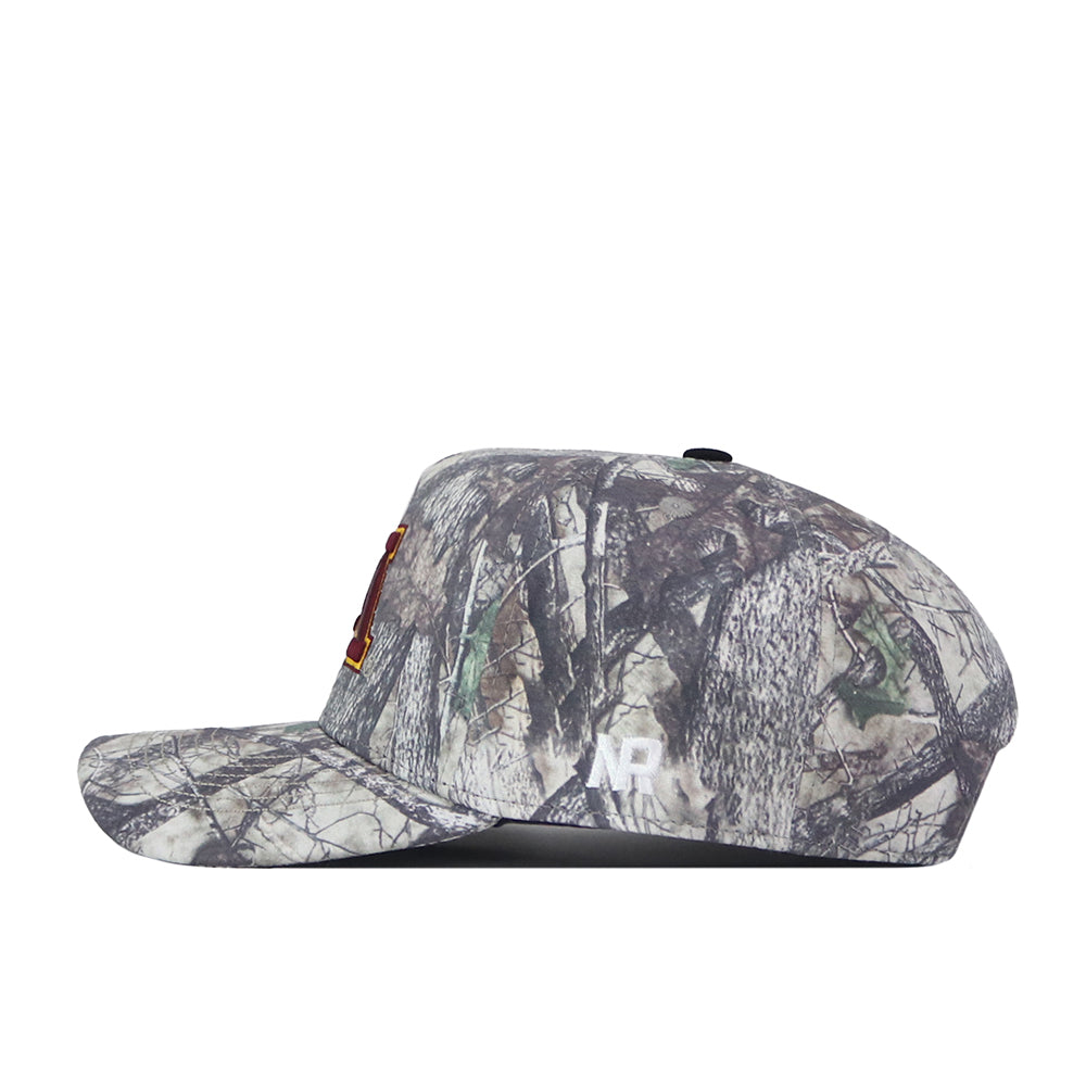Side view of the No Rivals Minnesota Gopher Outland Hat, a camouflage-patterned snapback with a flat brim. The hat features an officially licensed embroidered logo on the front and a small white No Rivals logo near the side.