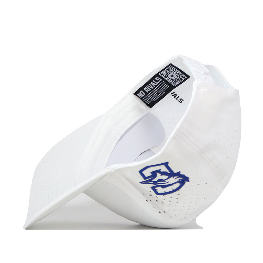 The Creighton Bluejays Basketball Hat by No Rivals features a white performance fabric design with a blue stylized mascot logo on the side. Shown at an angle that reveals the inside tag labeled “NO RIVALS” alongside a QR code, this hat combines everyday comfort and style.