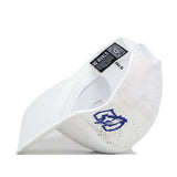 The Creighton Bluejays Basketball Hat by No Rivals features a white performance fabric design with a blue stylized mascot logo on the side. Shown at an angle that reveals the inside tag labeled “NO RIVALS” alongside a QR code, this hat combines everyday comfort and style.