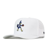 The No Rivals Creighton Bluejays Basketball Hat in white is a snapback cap crafted from performance fabric for lasting comfort. It features an embroidered cartoon Bluejays mascot dribbling a basketball, small side ventilation holes, and an officially licensed black logo near the brim.