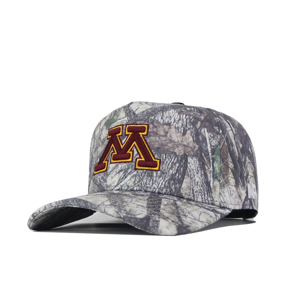 The No Rivals Minnesota Gopher Outland Hat is a camouflage snapback cap showcasing an officially licensed, embroidered gold and maroon “M” on the front, displayed at an angle against a white background.