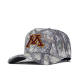 The No Rivals Minnesota Gopher Outland Hat is a camouflage snapback cap showcasing an officially licensed, embroidered gold and maroon “M” on the front, displayed at an angle against a white background.