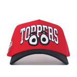 The No Rivals WKU Toppers Big Red Eyes Hat is a red snapback with bold white "TOPPERS" lettering above cartoon eyes, a black curved brim, and high-quality cotton for a comfortable, structured fit.