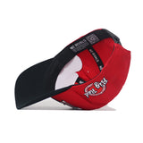 The No Rivals WKU Toppers Big Red Eyes Hat, a red and black snapback, is shown angled to display its underside with “NO RIVALS” on the inner band and a “Rest Day” patch inside the structured crown.