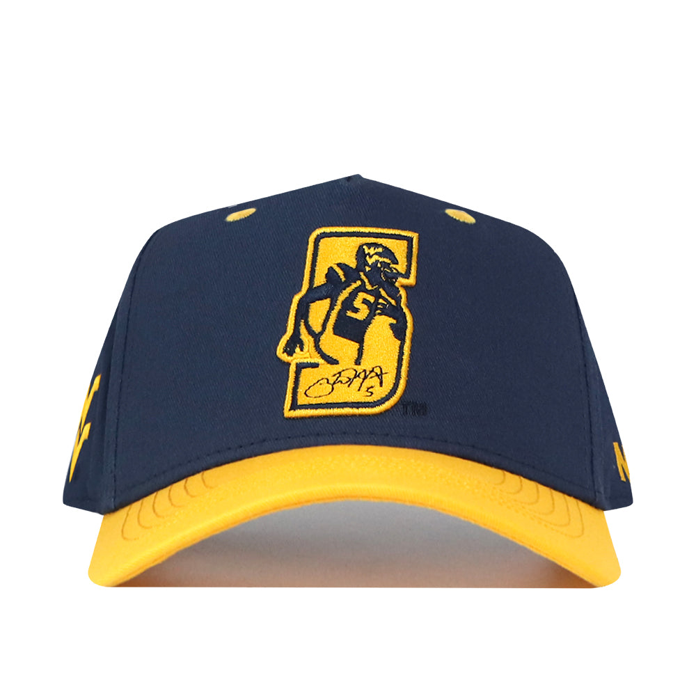 Introducing the No Rivals WVU Pat White’s No. 5 Hat in navy and gold, featuring a classic snapback design and a stylish embroidered logo of Pat White wearing number 5 with a bat on the front panel—perfect for game day.
