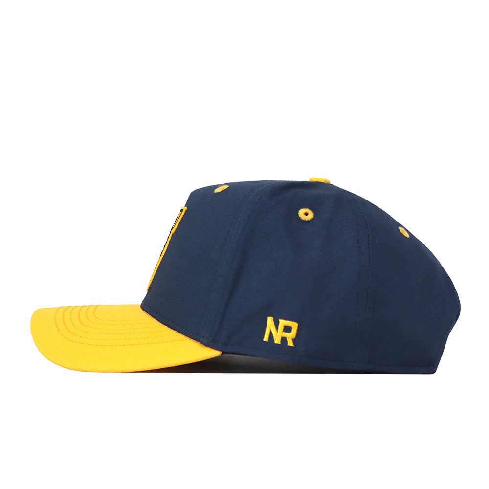 The No Rivals WVU Pat White’s No. 5 Hat in navy and gold features a navy crown, yellow brim, and yellow embroidered NR initials on the side, complete with a snap back closure for the perfect gameday fit, shown from the left.