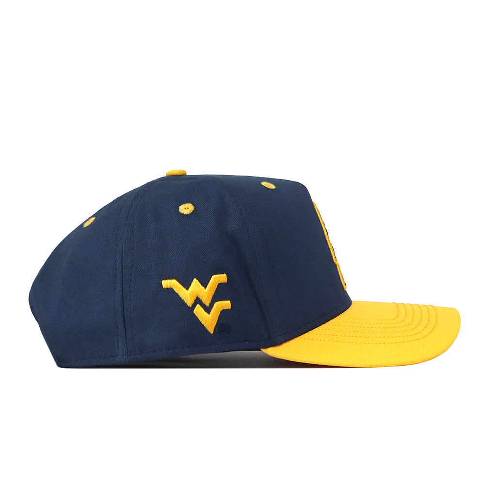 Show off your team pride with the No Rivals WVU Pat White’s No. 5 Hat in navy and gold—a snapback baseball cap featuring a bold yellow brim, matching yellow eyelets, and an eye-catching yellow embroidered logo resembling overlapping W and V letters on the side—perfect for gameday.