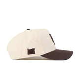 The Oregon Espresso Hat by No Rivals features a cream snapback design with a dark brown brim and an embroidered state logo on the side—an ideal pick for your next gameday look.