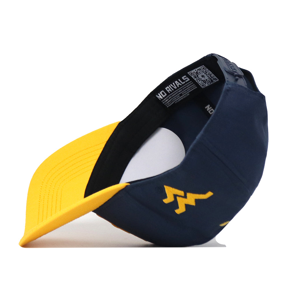 Show your Mountaineer pride with the WVU Pat White’s No. 5 Hat in navy and gold by No Rivals—a baseball cap featuring a bold embroidered number 5 with two zigzag lines on the side, a flipped-up bill that reveals signature NO RIVALS text inside, and classic team colors to complete your gameday look.