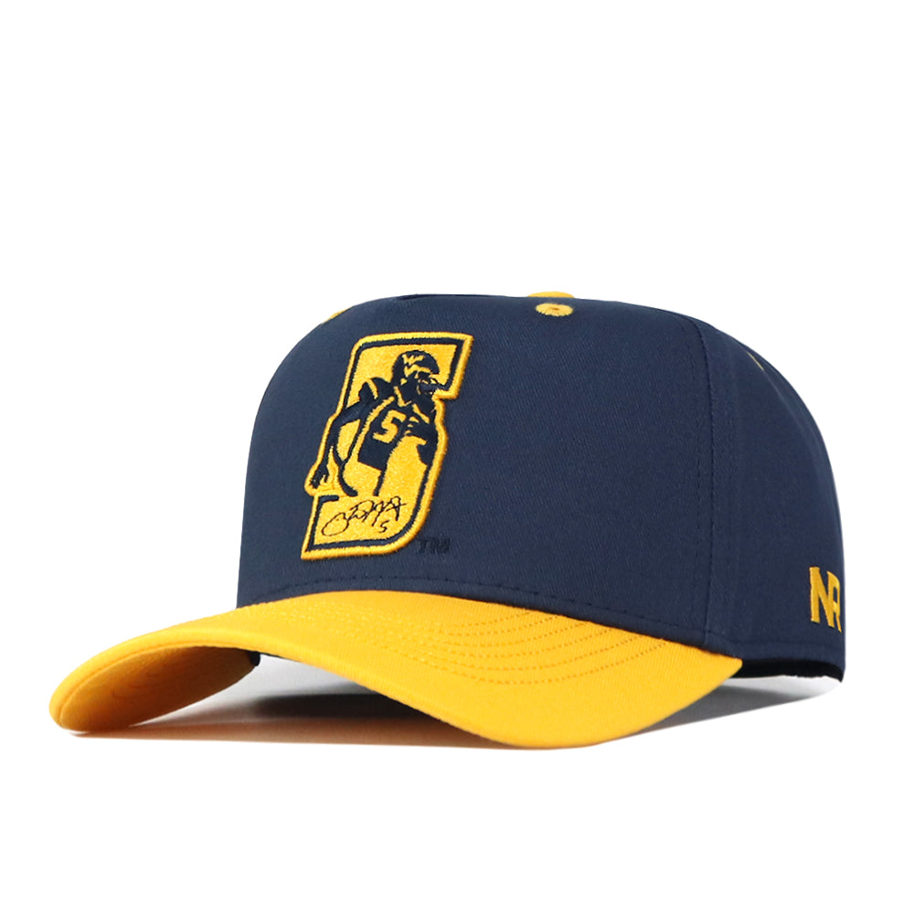 Here’s a rewritten version using your product data: Show your Mountaineer pride with the No Rivals WVU Pat White’s No. 5 Hat in classic navy and gold. Featuring an embroidered silhouette of a basketball player wearing number 5 on the front and bold yellow NR lettering on the side, this cap offers both style and spirit. Finished with a sleek Snap Back closure, it’s the perfect gameday accessory for any sports enthusiast.