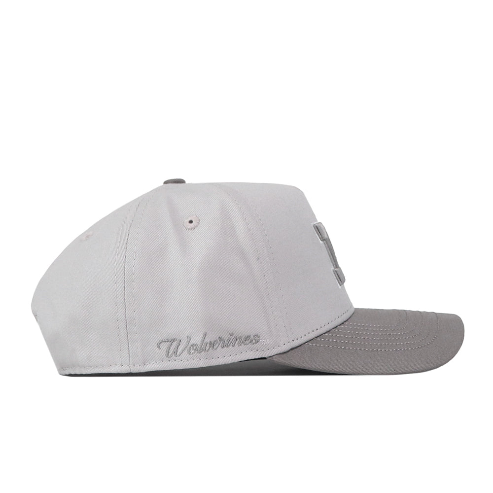 A No Rivals Michigan Wolverines Graphite Hat, featuring a white and gray design with an embroidered cursive Wolverines logo on the side and a classic snap back closure, is shown from the left profile against a white background.