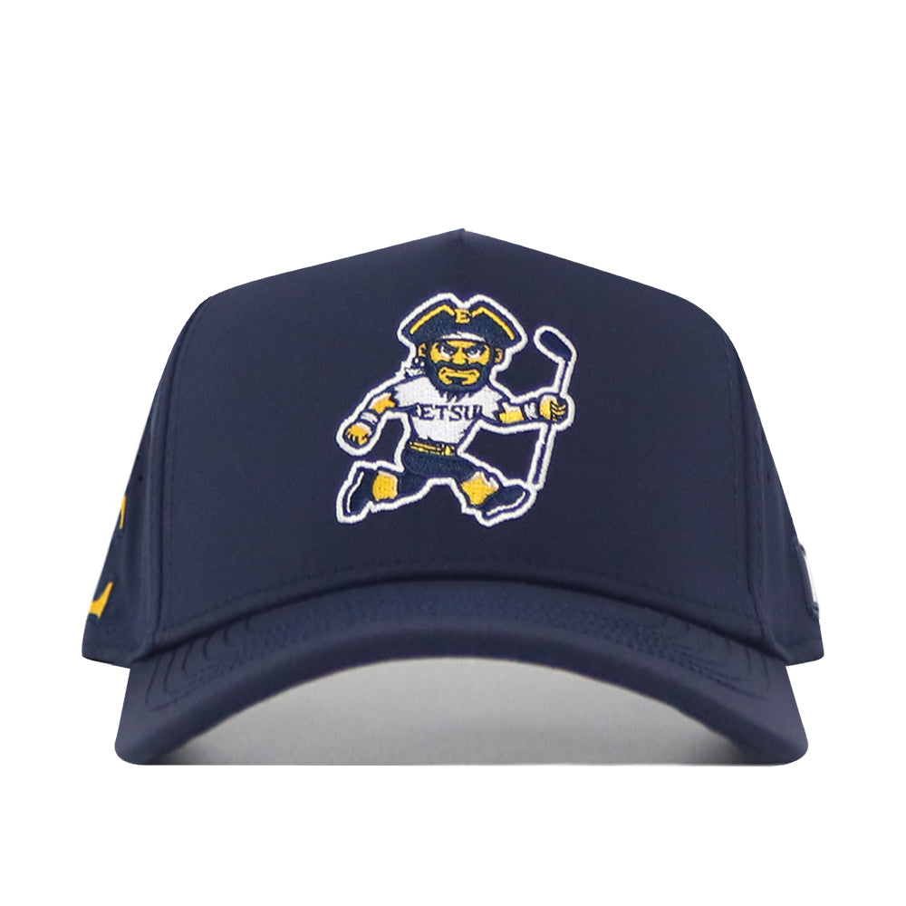 The No Rivals ETSU Golfing Buc Hat in navy features a cartoon mascot embroidered in yellow, white, and blue, holding a hockey stick and wearing an ETSU jersey.
