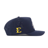No Rivals ETSU Golfing Buc Hat in navy, shown in profile with a yellow E logo on the side and small ventilation holes. Made from performance fabric, it features an embroidered front design.