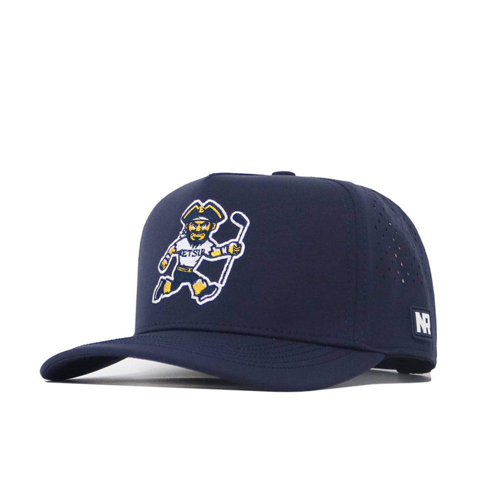 The ETSU Golfing Buc Hat - Navy by No Rivals is a navy snapback cap with a cartoon golfing Buc logo on the front and a small NR patch on the side. Made from performance fabric for all-day comfort.