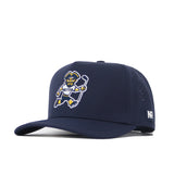 The ETSU Golfing Buc Hat - Navy by No Rivals is a navy snapback cap with a cartoon golfing Buc logo on the front and a small NR patch on the side. Made from performance fabric for all-day comfort.