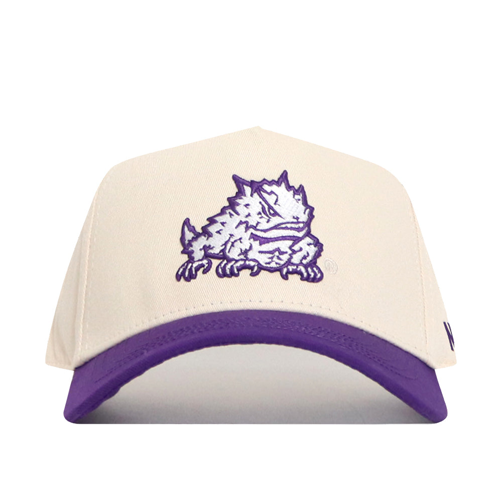The No Rivals TCU Logo Patch Hat is a cream snapback with a purple brim, featuring a patch-embroidered purple horned frog logo on the front, made from high-quality cotton.