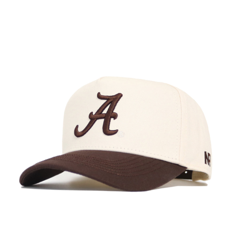 The No Rivals Alabama Espresso Hat is a beige and brown snapback with a structured fit, featuring a large dark brown "A" on the front, "NR" on the side, and a high-quality beige cotton crown with a brown brim.