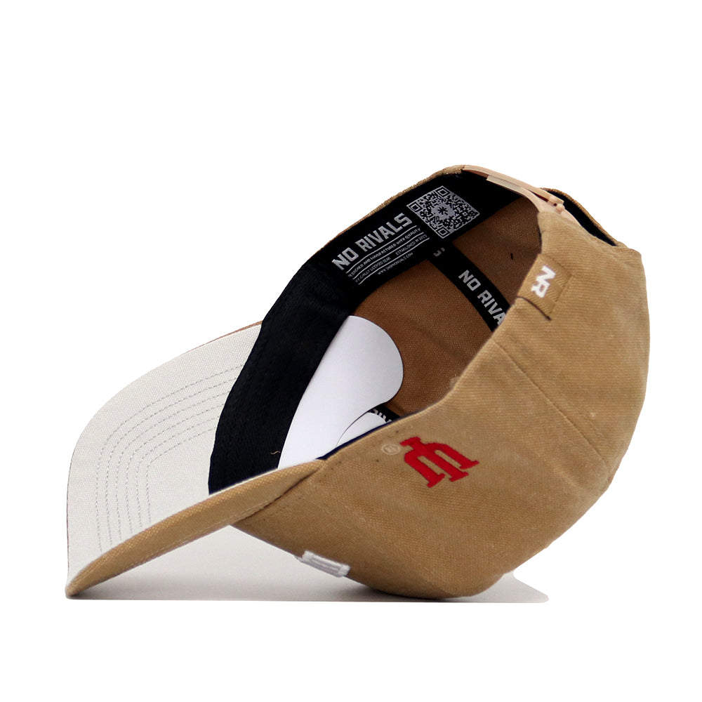 The No Rivals Indiana Rustic Hat is a brown snapback with a white and black logo, featuring a structured fit for lasting style.