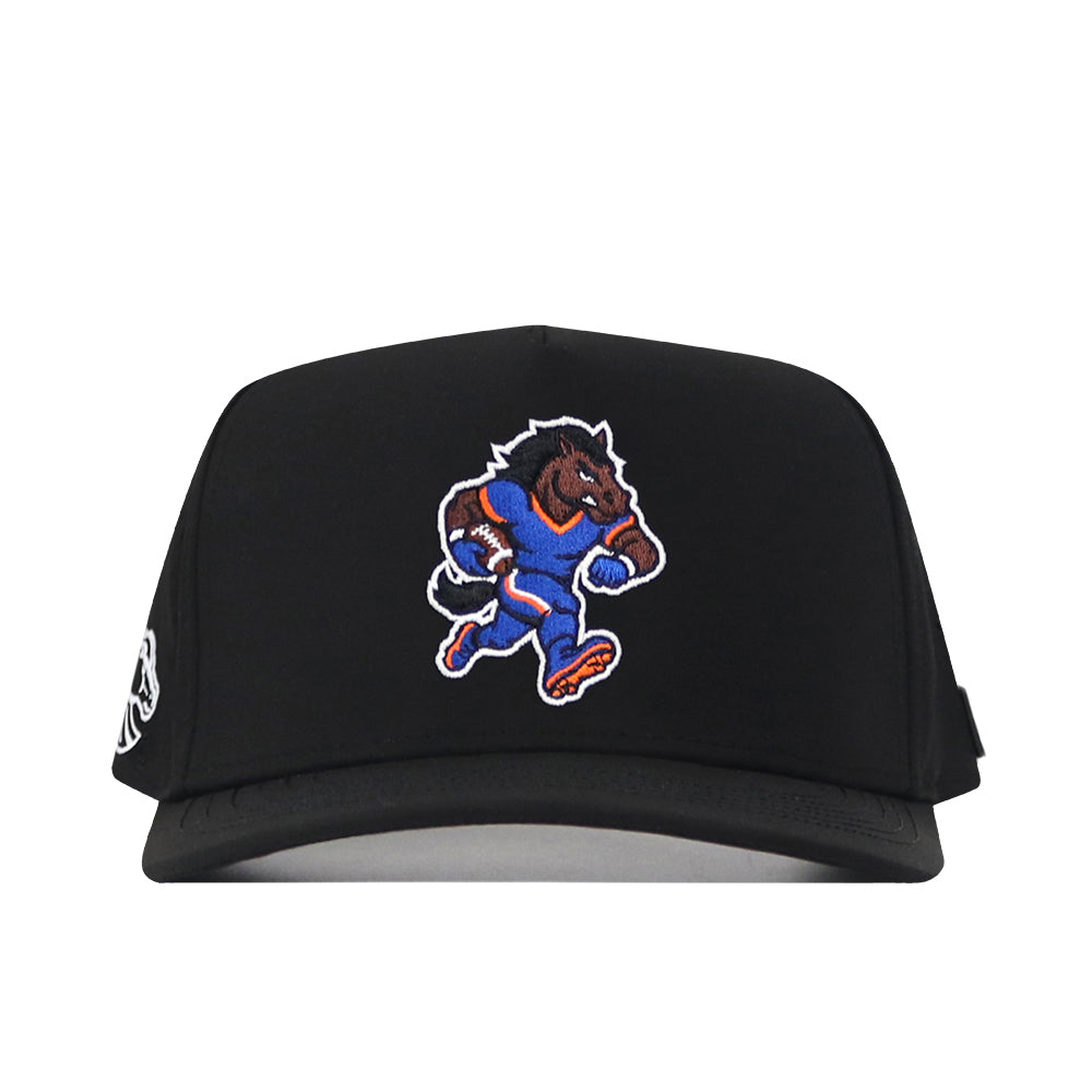 The No Rivals Boise State Football Hat in black showcases an embroidered running horse logo in blue and orange on the front, making this stylish snapback the perfect addition to your next gameday outfit.