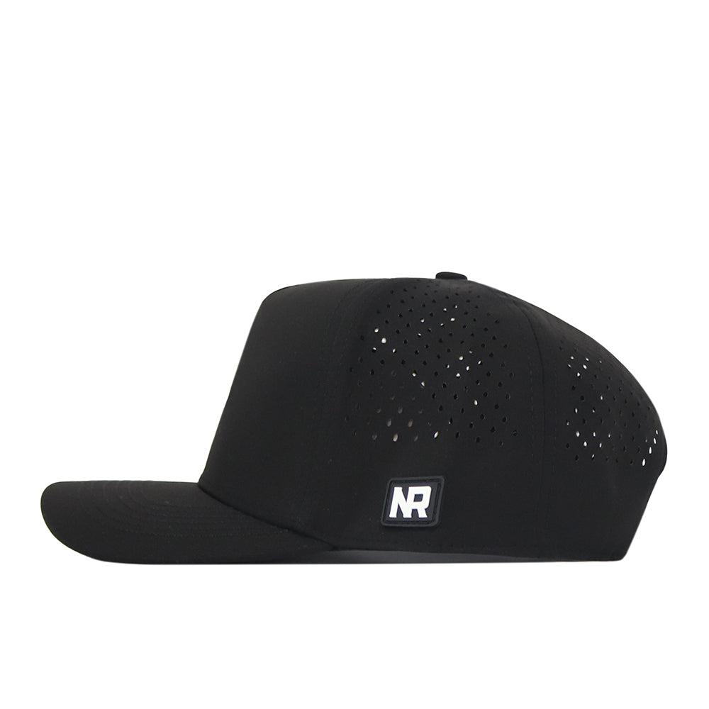 No Rivals Boise State Football Hat in black featuring a flat brim and an embroidered NR logo on the side; perforated crown for enhanced ventilation, making it the perfect gameday fit. Displayed in a left-side profile view.