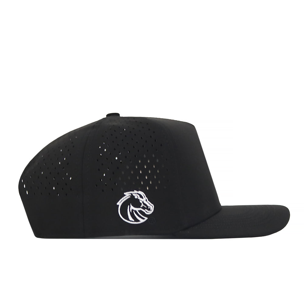 The No Rivals Boise State Football Hat - Black is a flat-brimmed snapback cap featuring small ventilation holes on the side and a white, embroidered stylized horse head logo on the front left panel—perfect for your next gameday fit.