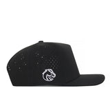 The No Rivals Boise State Football Hat - Black is a flat-brimmed snapback cap featuring small ventilation holes on the side and a white, embroidered stylized horse head logo on the front left panel—perfect for your next gameday fit.