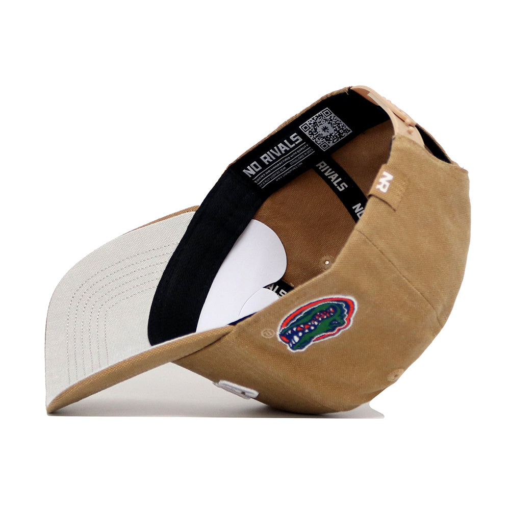The Florida Rustic Hat by No Rivals features tan and beige cotton canvas, a colorful alligator logo on the side, "NO RIVALS" in white on the black inner band, a QR code inside, and a structured fit.