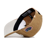 The Florida Rustic Hat by No Rivals features tan and beige cotton canvas, a colorful alligator logo on the side, "NO RIVALS" in white on the black inner band, a QR code inside, and a structured fit.