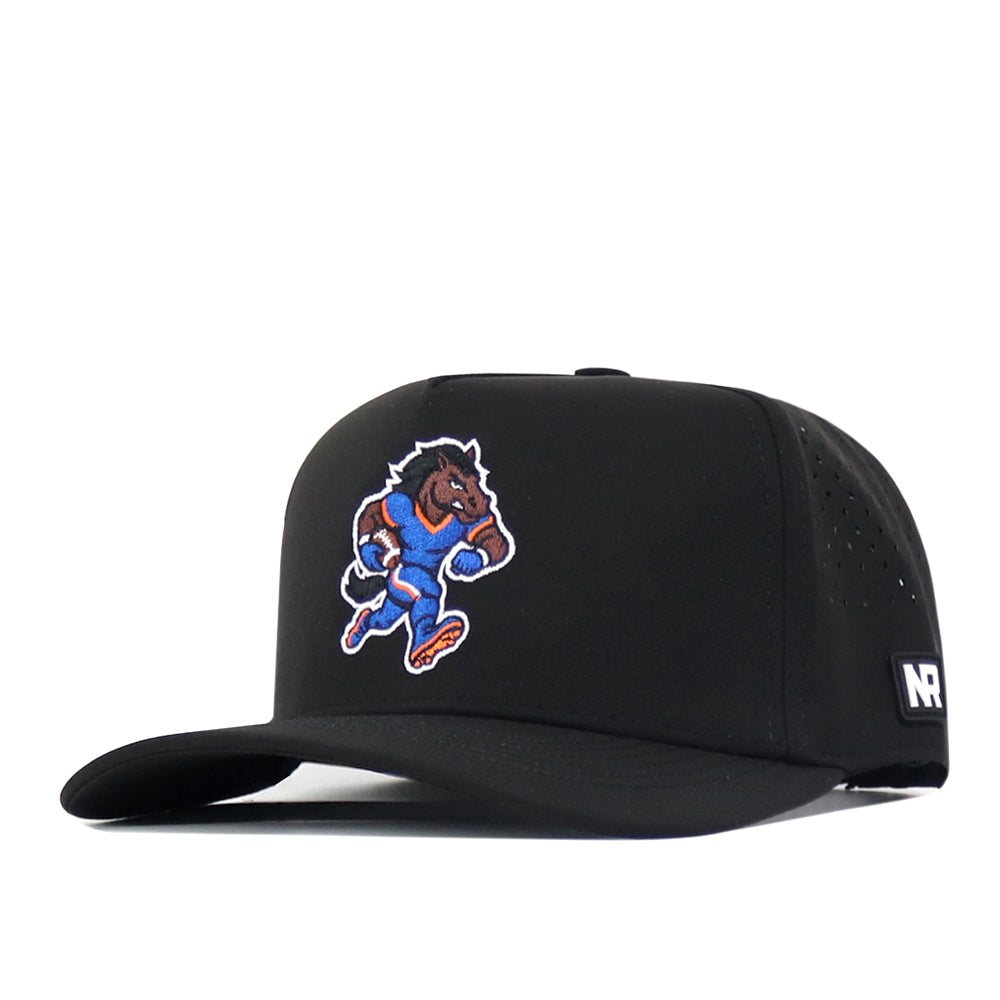 Elevate your gameday look with the Boise State Football Hat - Black by No Rivals, showcasing an embroidered running horse in a blue uniform on the front and “NR” lettering above the brim on the left side.