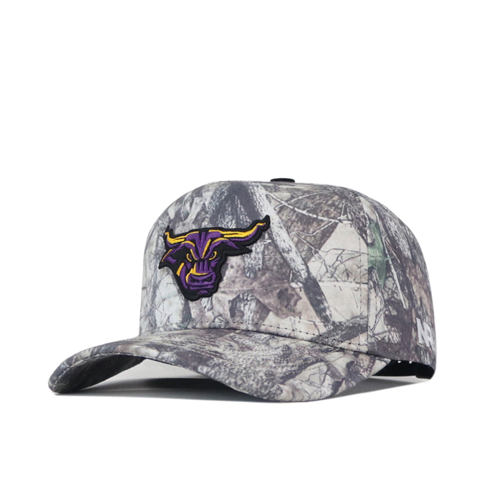 Add a touch of Maverick pride to your Gameday Fit with the Minnesota State University Mankato Outland Hat by No Rivals—a camouflage baseball cap featuring an embroidered purple and yellow bull logo on the front and a classic snap back closure, displayed against a white background.