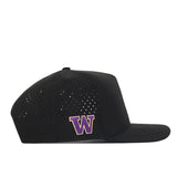 Introducing the Washington Huskies Football Mascot Hat in black by No Rivals, featuring ventilation holes, a purple and gold embroidered W logo on the side, crafted from performance fabric, and finished with a classic snapback closure.