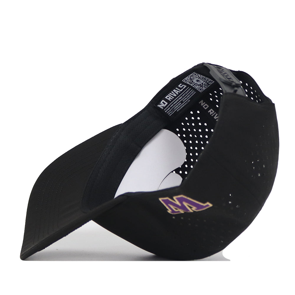 The Washington Huskies Football Mascot Hat by No Rivals is shown upside down, featuring a purple and gold embroidered M logo on the brim, small ventilation holes, and NO RIVALS text on the inner band. Crafted from performance fabric in black, it offers a comfortable fit with its adjustable snap back closure.