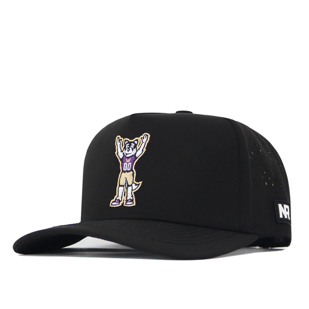 The Washington Huskies Football Mascot Hat in black by No Rivals showcases a cartoon dog mascot with arms raised, dressed in a purple jersey marked with “00” on the front. Made from performance fabric, the cap is finished with a small white embroidered NR logo patch on the side.