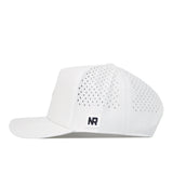 A Montana State Football Hat in white by No Rivals features small ventilation holes on the side and back panels, along with a rectangular NR patch above the brim on the left side that complements its classic snapback design—making it the perfect addition to your gameday fit. The background is white.