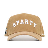 The Michigan State Rustic Hat by No Rivals is a tan cotton canvas cap featuring "SPARTY" embroidered in white on the front, small side accents, and a snap back closure for a comfortable, structured fit.
