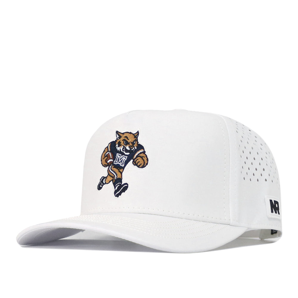Introducing the Montana State Football Hat - White by No Rivals: a snap back hat featuring a perforated back and an embroidered logo of a running wildcat in a navy “M” jersey on the front. The side is accented with a small NR label—making it the perfect finishing touch for your gameday look.