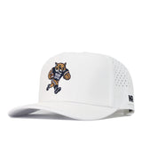 Introducing the Montana State Football Hat - White by No Rivals: a snap back hat featuring a perforated back and an embroidered logo of a running wildcat in a navy “M” jersey on the front. The side is accented with a small NR label—making it the perfect finishing touch for your gameday look.