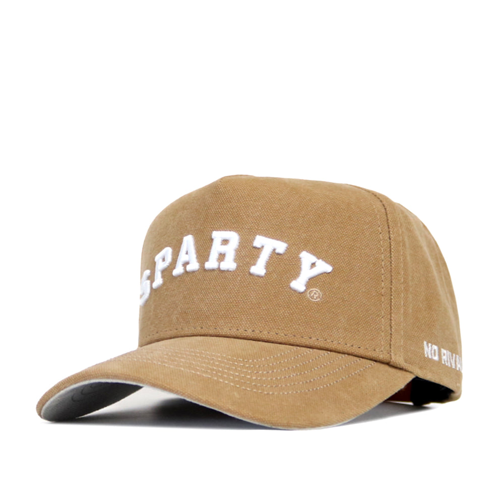 The Michigan State Rustic Hat by No Rivals features a khaki-colored structured fit, SPARTY in bold white letters on the front, and NO RIVAL in smaller white letters on the brim, crafted from durable cotton canvas.