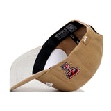 The Texas Tech Rustic Hat by No Rivals is a tan cotton canvas cap with a white brim, red and black TT logo embroidery on the side, and “NO RIVALS” in white text on the inside band. Shown here positioned on its side.