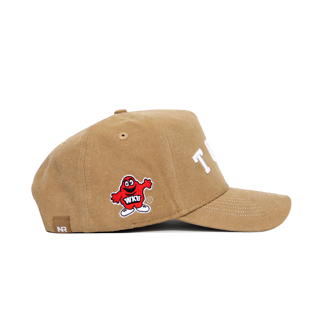 The No Rivals Western Kentucky Rustic Hat is a tan cotton canvas snapback with white stitching, T and O embroidered on the front, and a red cartoon character patch with "WKT" on its chest on the side. Structured for comfort.